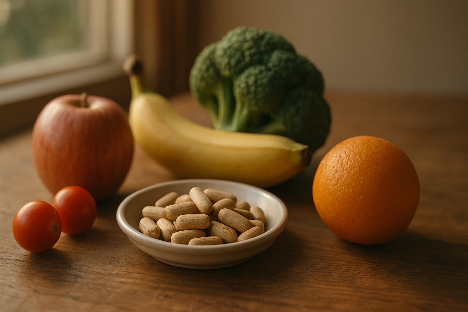 Frasco de multivitamínico con cápsulas de colores sobre fondo claro